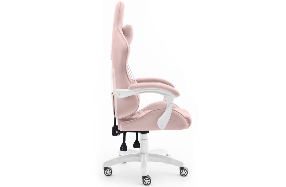 Fotel Gamingowy HELL'S CHAIR Rainbow 2.0 Różowy  prezentacja fotela od boku na jasnym tle płynnie regulowana wysokość siedziska prawidłowa cyrkulacja krwi redukcja uczucia zmęczenia nóg podnośnik gazowy certyfikat SGS