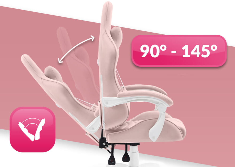 Fotel Gamingowy HELL'S CHAIR Rainbow 2.0 Różowy  prezentacja fotela od boku i jego możliwej regulacji na białym tle z paskiem gradientu płynna regulacja kąta pochylenia oparcia zakres wygodna dźwignia optymalna pozycja dla komfortu