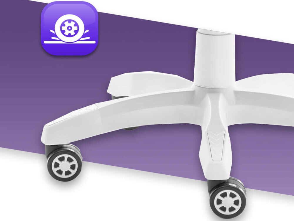 Fotel Gamingowy HELL'S CHAIR Rainbow 2.0 Wielokolorowy zbliżenie na kółka na białym tle z paskiem fioletu ikona kółek poliuretanowo-kauczukowa powłoka cicha i płynna praca ochrona podłogi