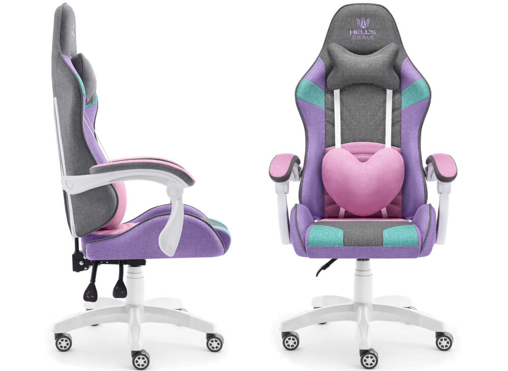 Fotel Gamingowy HELL'S CHAIR Rainbow 2.0 Wielokolorowy prezentacja fotela od boku i przodu na białym tle wymiary stabilność