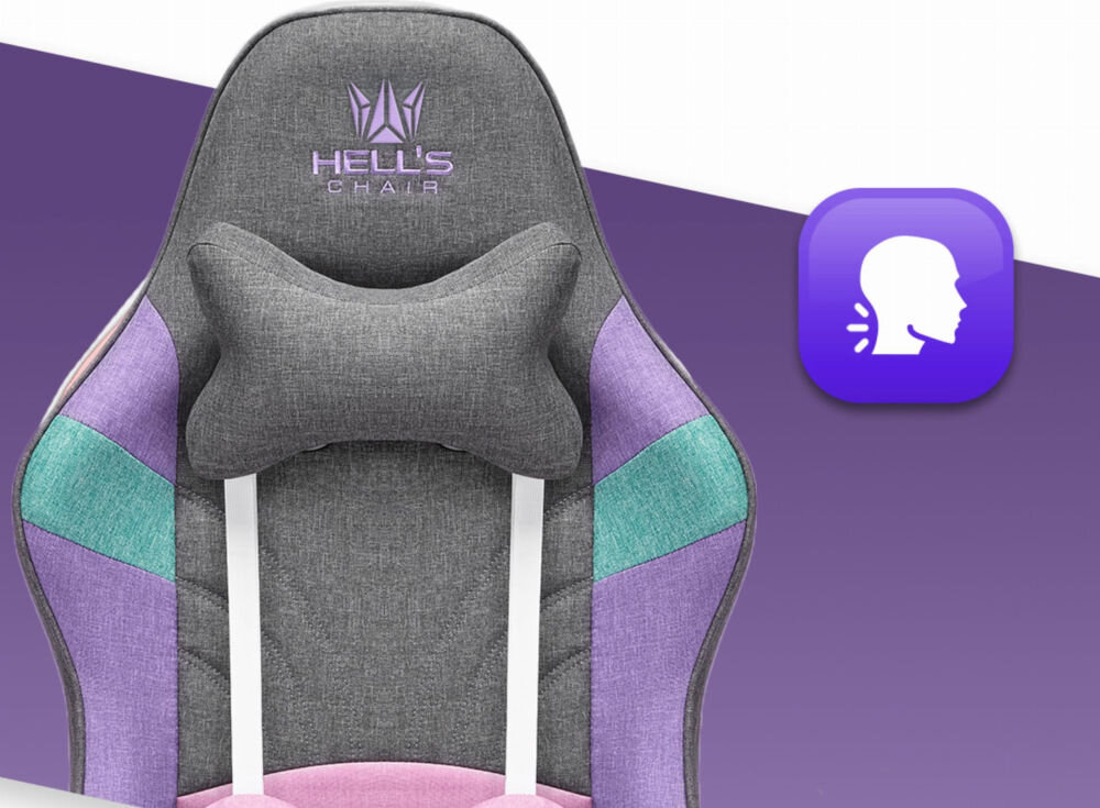 Fotel Gamingowy HELL'S CHAIR Rainbow 2.0 Wielokolorowy zbliżenie na oparcie i poduszkę na białym tle z paskiem fioletu ikona wyprofilowana poduszka wsparcie głowy i mięśni karku komfort suwak indywidualny poziom miękkości