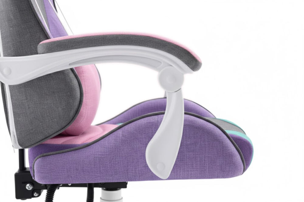 Fotel Gamingowy HELL'S CHAIR Rainbow 2.0 Wielokolorowy zbliżenie na podłokietniki jasne tło miękkie wypełnienie solidne podparcie spójna stylistyka komfort przedramion