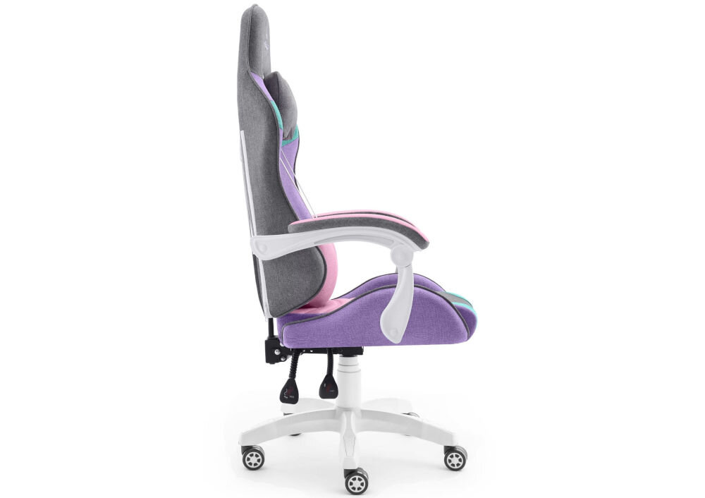 Fotel Gamingowy HELL'S CHAIR Rainbow 2.0 Wielokolorowy prezentacja fotela od boku na jasnym tle płynnie regulowana wysokość siedziska prawidłowa cyrkulacja krwi redukcja uczucia zmęczenia nóg podnośnik gazowy certyfikat SGS