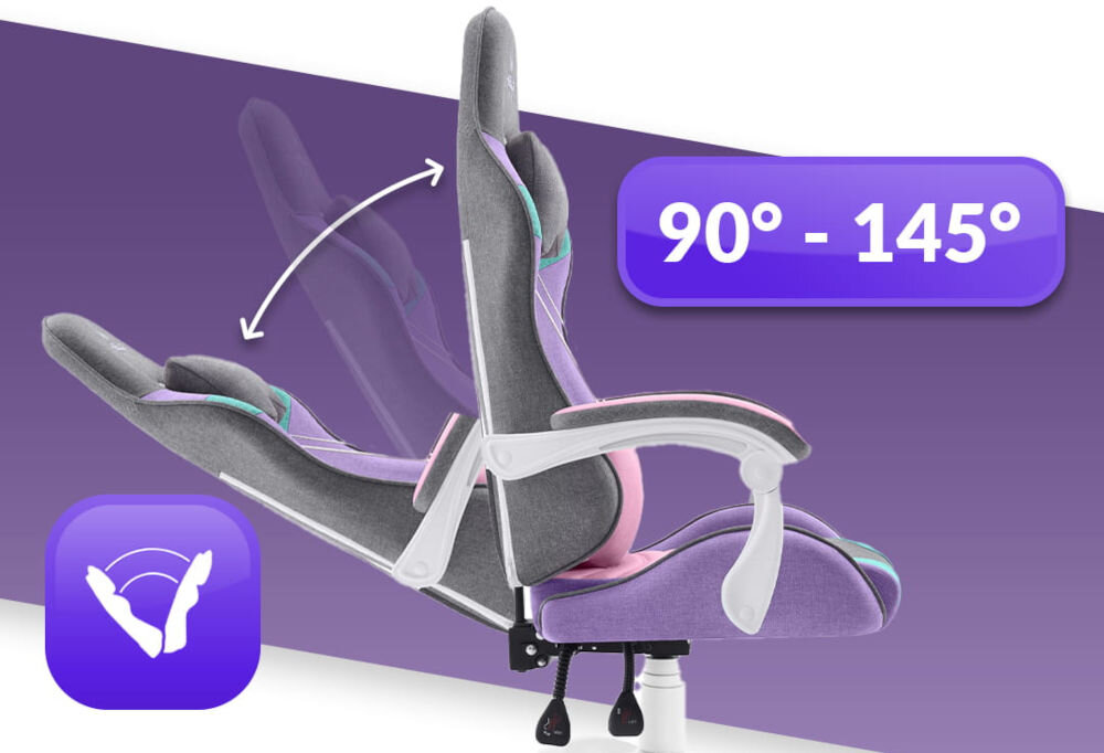 Fotel Gamingowy HELL'S CHAIR Rainbow 2.0 Wielokolorowy prezentacja fotela od boku i jego możliwej regulacji na białym tle z paskiem fioletu płynna regulacja kąta pochylenia oparcia zakres wygodna dźwignia optymalna pozycja dla komfortu