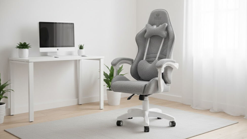 Fotel Gamingowy HELL'S CHAIR Rainbow 2.0 Szary prezentacja fotela pod kątem w jasnym pokoju wzrost optymalne dopasowanie podparcie ciała komfort