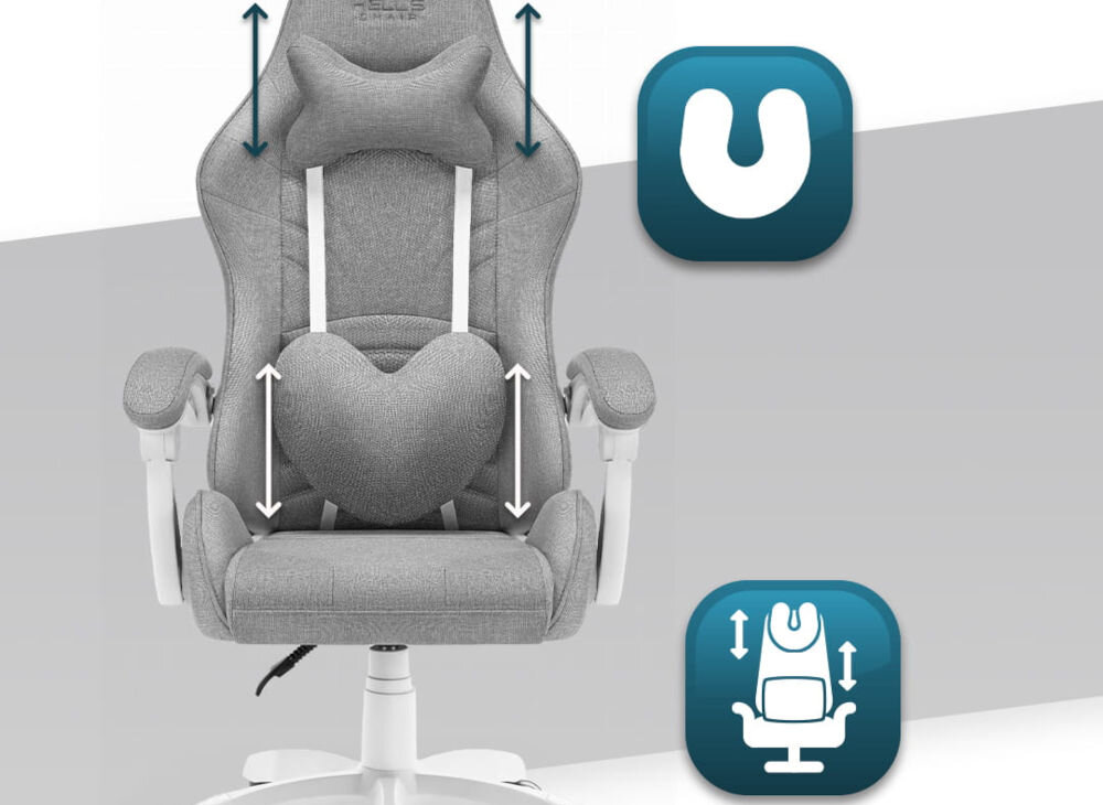 Fotel Gamingowy HELL'S CHAIR Rainbow 2.0 Szary prezentacja fotela na białym tle z paskiem szarym strzałkami zaznaczona możliwość regulacji poduszek ikony poduszka lędźwiowa poduszka wspierająca mięśnie karku odpowiednie podparcie dla ciała komfort suwak wymiana wypełnienia indywidualne potrzeby