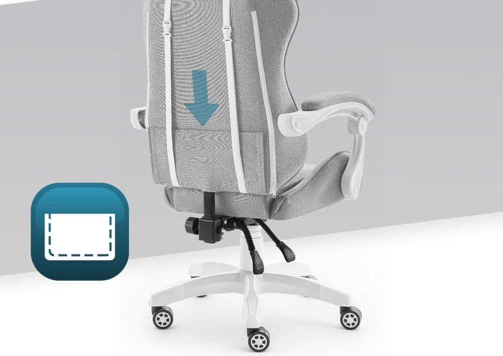 Fotel Gamingowy HELL'S CHAIR Rainbow 2.0 Szary prezentacja fotela od tyłu pokazanie strzałką kieszeni obok ikona białe tło z paskiem szarym kieszeń z tyłu oparcia praktyczny schowek