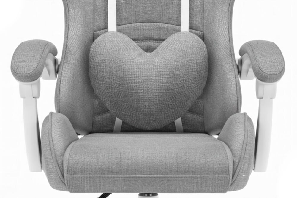 Fotel Gamingowy HELL'S CHAIR Rainbow 2.0 Szary zbliżenie na siedzisko i poduszkę fotela jasne tło dbałość o elementy trwała i oddychająca tkanina HD profilowana poduszka pod lędźwie tapicerowane podłokietniki