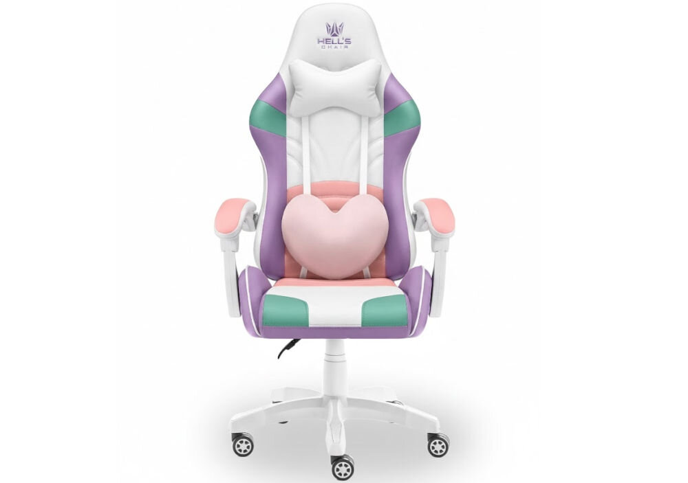 Fotel gamingowy w kolorach biało-fioletowym z różowymi i zielonymi akcentami, posiada poduszkę w kształcie serca. Na zagłówku widoczne jest logo z napisem \'HELL\'S CHAIR\'.