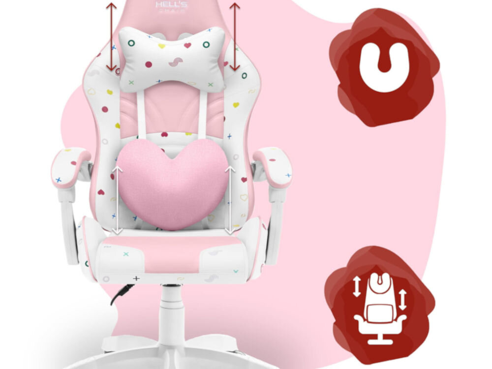 Fotel gamingowy w kolorach różowym i białym z poduszką w kształcie serca oraz wzorami w kształcie kropek i krzyżyków. Na oparciu widoczne jest logo \'HELL\'S CHAIR\'.