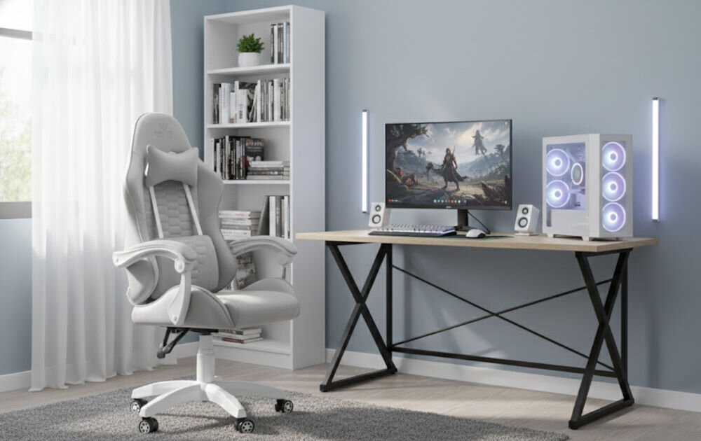 Fotel HELL'S CHAIR HC-1000 Szaro-biały prezentacja fotela w pokoju przy biurku do 120 kg bezpieczne stabilne użytkowanie trwałość wygoda