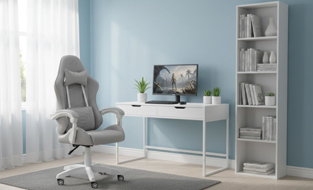 Fotel HELL'S CHAIR HC-1000 Szaro-biały prezentacja fotela przed biurkiem w pokoju wzrost optymalne dopasowanie podparcie ciała komfort