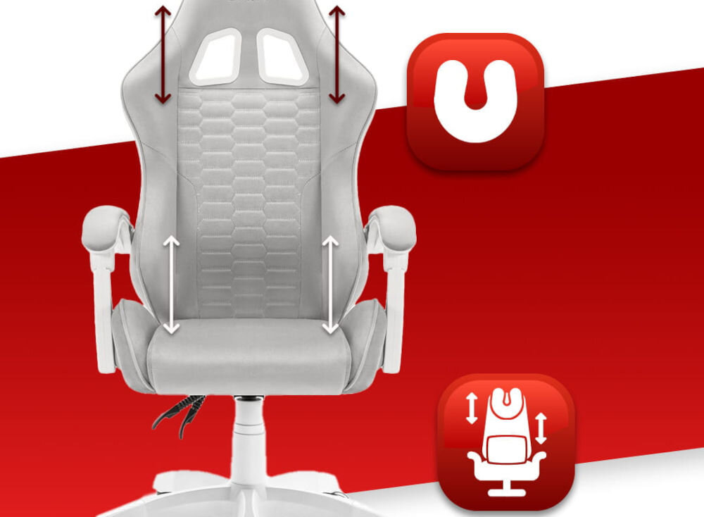 Fotel HELL'S CHAIR HC-1000 Szaro-biały prezentacja fotela na czerwono-białym tle strzałkami zaznaczona możliwość regulacji poduszek ikony poduszka lędźwiowa poduszka wspierająca mięśnie karku odpowiednie podparcie dla ciała komfort suwak wymiana wypełnienia indywidualne potrzeby