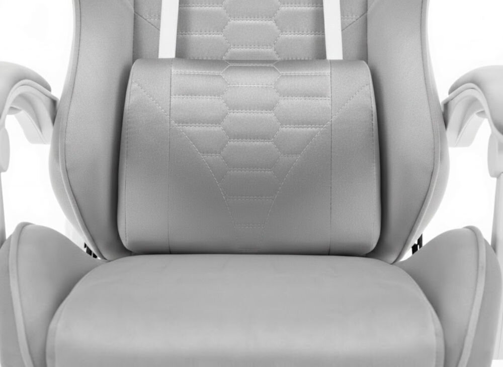 Fotel HELL'S CHAIR HC-1000 Szaro-biały zbliżenie na siedzisko i poduszkę fotela jasne tło dbałość o elementy trwały i praktyczny welur profilowana poduszka pod lędźwie tapicerowane podłokietniki