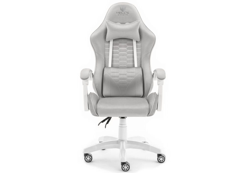 Fotel HELL'S CHAIR HC-1000 Szaro-biały prezentacja fotela od przodu na jasnym tle solidna konstrukcja wypełnienie z termo-elastycznej pianki Free Air zimnej pianki CF sprzyja utrzymaniu prawidłowej postawy