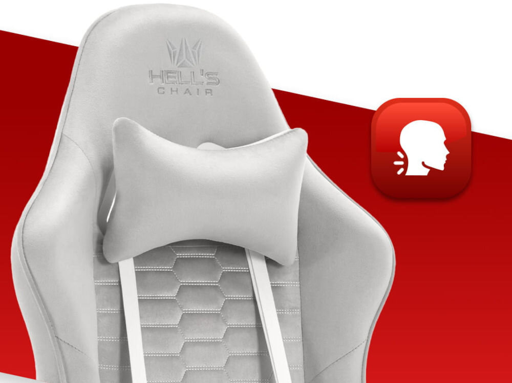 Fotel HELL'S CHAIR HC-1000 Szaro-biały zbliżenie na oparcie i poduszkę na czerwono-białym tle ikona wyprofilowana poduszka wsparcie głowy i mięśni karku komfort suwak indywidualny poziom miękkości