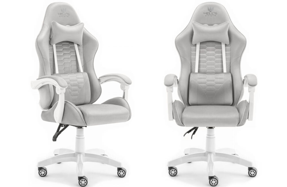 Fotel HELL'S CHAIR HC-1000 Szaro-biały prezentacja fotela od przodu pod kątem i boku na jasnym tle wyprofilowany kształt oparcia zapobieganie dolegliwościom bólowym kręgosłupa utrzymanie prawidłowej postawy komfort