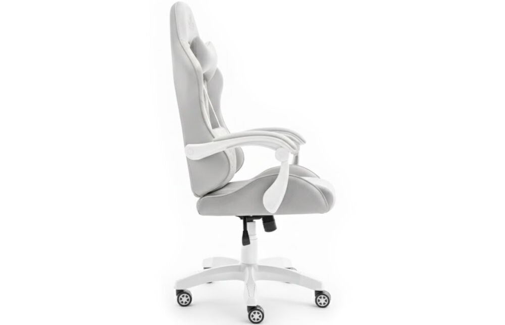 Fotel HELL'S CHAIR HC-1000 Szaro-biały prezentacja fotela od boku na jasnym tle płynnie regulowana wysokość siedziska prawidłowa cyrkulacja krwi redukcja uczucia zmęczenia nóg podnośnik gazowy certyfikat SGS