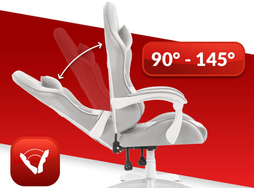 Fotel HELL'S CHAIR HC-1000 Szaro-biały prezentacja fotela od boku i jego możliwej regulacji na czerwono-białym tle płynna regulacja kąta pochylenia oparcia zakres wygodna dźwignia optymalna pozycja dla komfortu