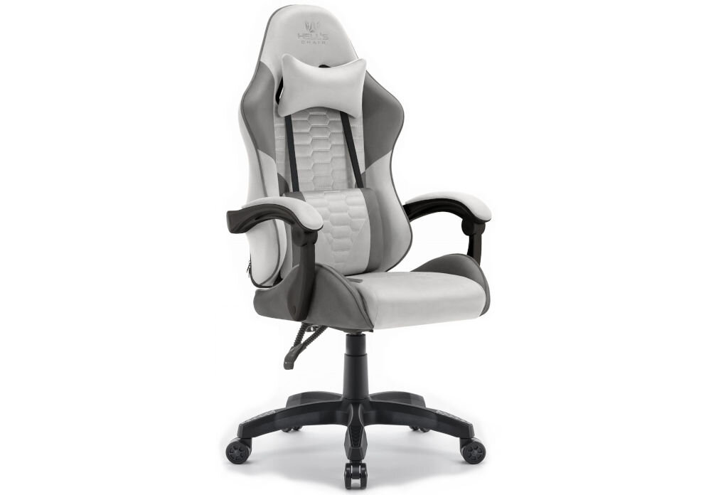 Fotel HELL'S CHAIR HC-1000 Szaro-czarny prezentacja fotela od przodu pod kątem na jasnym tle dopracowany design komfort elegancka forma