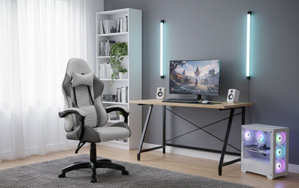 Fotel HELL'S CHAIR HC-1000 Szaro-czarny prezentacja fotela w pokoju przy biurku do 120 kg bezpieczne stabilne użytkowanie trwałość wygoda