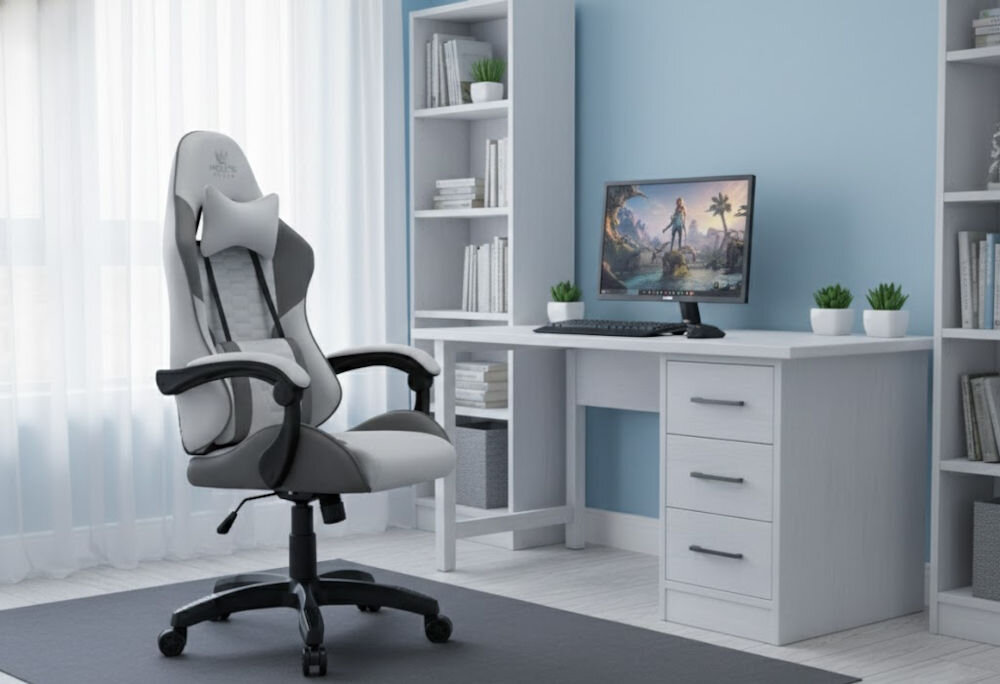 Fotel HELL'S CHAIR HC-1000 Szaro-czarny prezentacja fotela przed biurkiem w pokoju wzrost optymalne dopasowanie podparcie ciała komfort