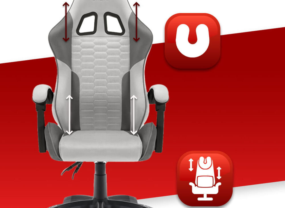 Fotel HELL'S CHAIR HC-1000 Szaro-czarny prezentacja fotela na czerwono-białym tle strzałkami zaznaczona możliwość regulacji poduszek ikony poduszka lędźwiowa poduszka wspierająca mięśnie karku odpowiednie podparcie dla ciała komfort suwak wymiana wypełnienia indywidualne potrzeby