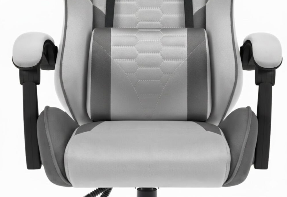 Fotel HELL'S CHAIR HC-1000 Szaro-czarny zbliżenie na siedzisko i poduszkę fotela jasne tło dbałość o elementy trwały i praktyczny welur profilowana poduszka pod lędźwie tapicerowane podłokietniki