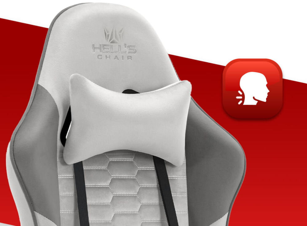Fotel HELL'S CHAIR HC-1000 Szaro-czarny zbliżenie na oparcie i poduszkę na czerwono-białym tle ikona wyprofilowana poduszka wsparcie głowy i mięśni karku komfort suwak indywidualny poziom miękkości