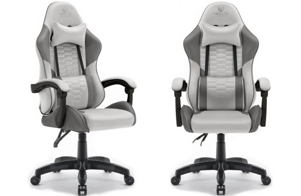 Fotel HELL'S CHAIR HC-1000 Szaro-czarny prezentacja fotela od przodu pod kątem i boku na jasnym tle wyprofilowany kształt oparcia zapobieganie dolegliwościom bólowym kręgosłupa utrzymanie prawidłowej postawy komfort