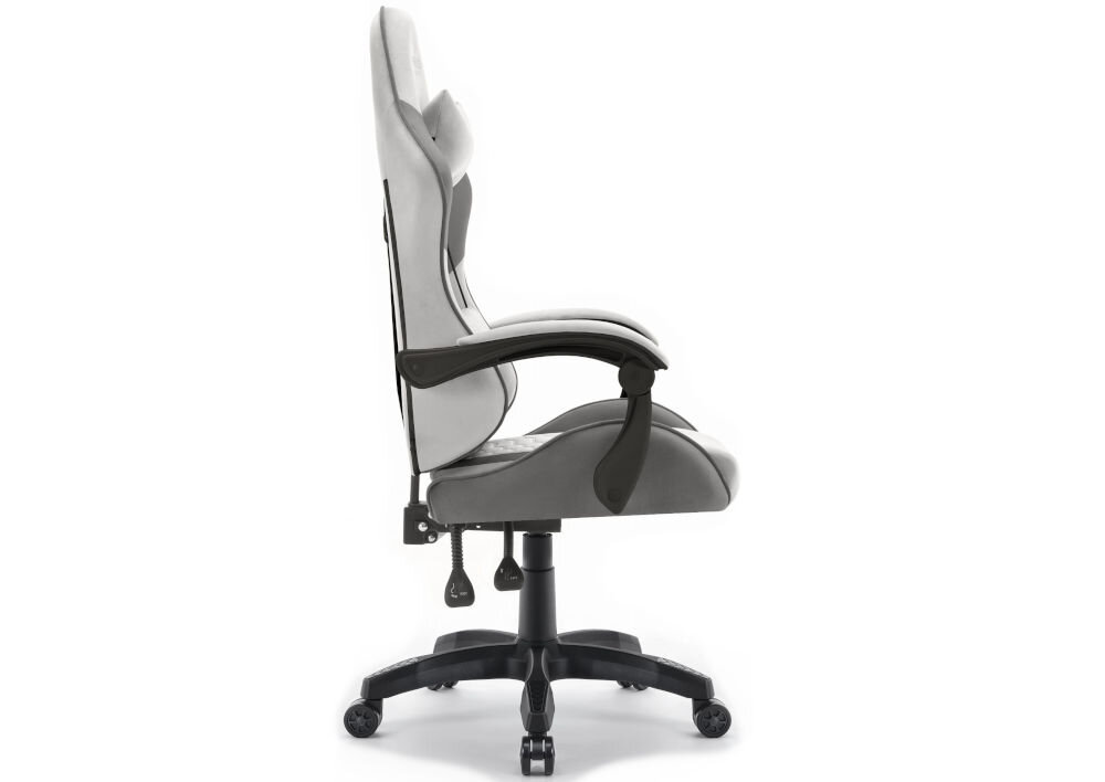 Fotel HELL'S CHAIR HC-1000 Szaro-czarny prezentacja fotela od boku na jasnym tle płynnie regulowana wysokość siedziska prawidłowa cyrkulacja krwi redukcja uczucia zmęczenia nóg podnośnik gazowy certyfikat SGS