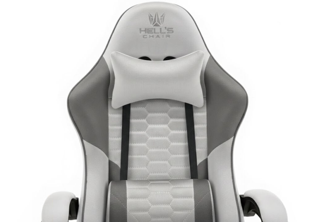 Fotel HELL'S CHAIR HC-1000 Szaro-czarny zbliżenie na oparcie i napis z marką jasne tło szerokie zastosowanie rozrywka nauka praca ergonomia partner do zadań specjalnych