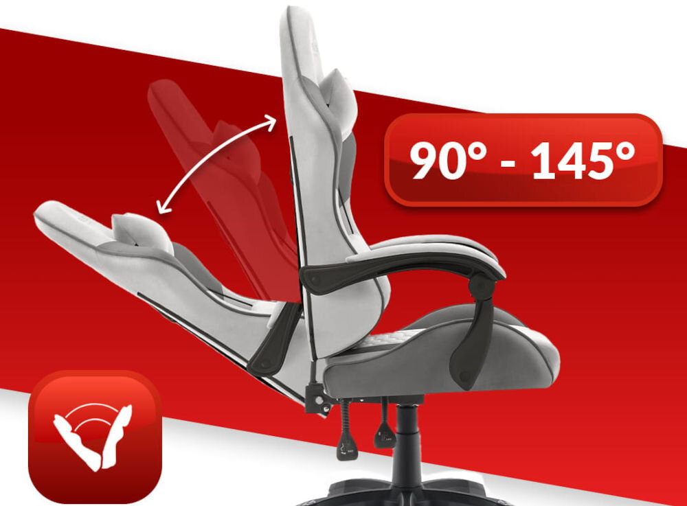 Fotel HELL'S CHAIR HC-1000 Szaro-czarny prezentacja fotela od boku i jego możliwej regulacji na czerwono-białym tle płynna regulacja kąta pochylenia oparcia zakres wygodna dźwignia optymalna pozycja dla komfortu