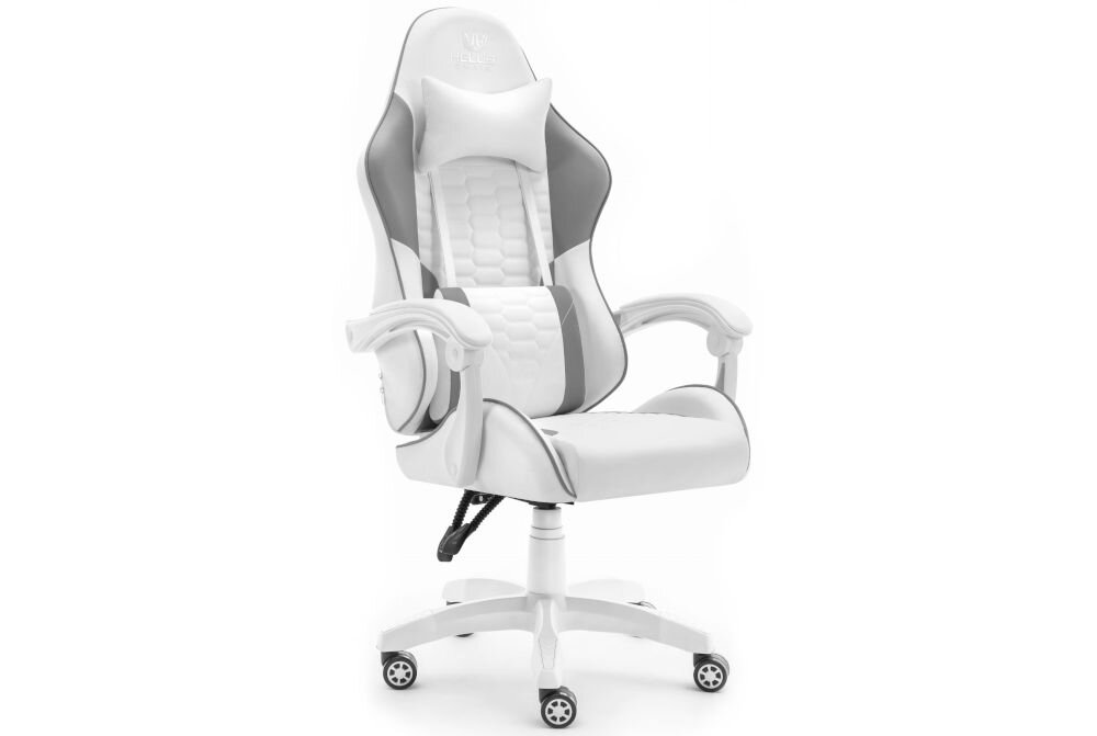 Fotel HELL'S CHAIR HC-1000 Ekoskóra Szaro-biały prezentacja fotela od przodu pod kątem na jasnym tle dopracowany design komfort elegancka forma
