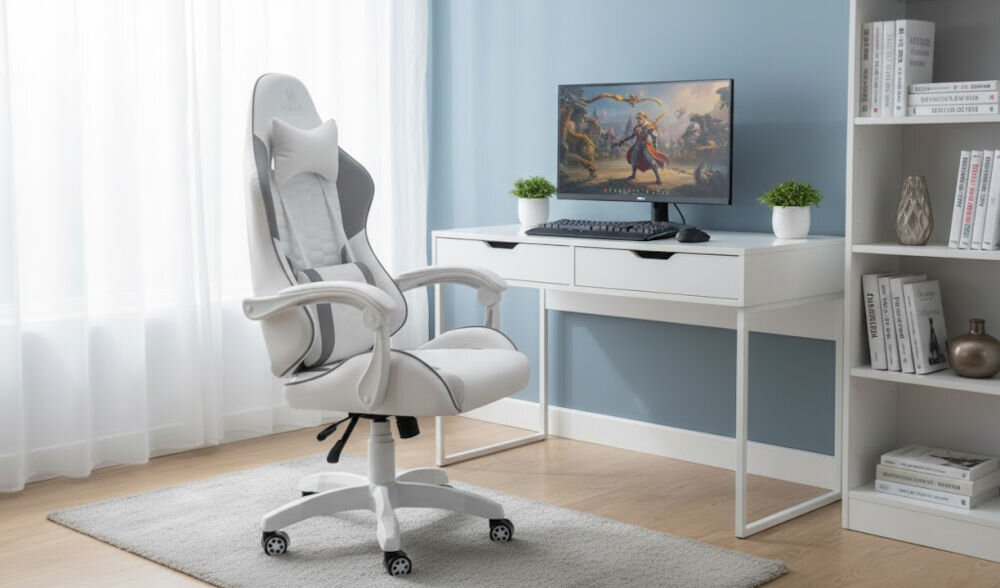 Fotel HELL'S CHAIR HC-1000 Ekoskóra Szaro-biały prezentacja fotela w pokoju przy biurku do 120 kg bezpieczne stabilne użytkowanie trwałość wygoda