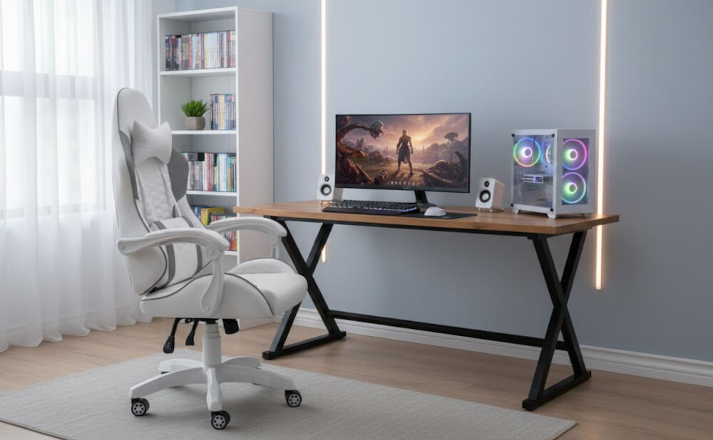 Fotel HELL'S CHAIR HC-1000 Ekoskóra Szaro-biały prezentacja fotela przed biurkiem w pokoju wzrost optymalne dopasowanie podparcie ciała komfort