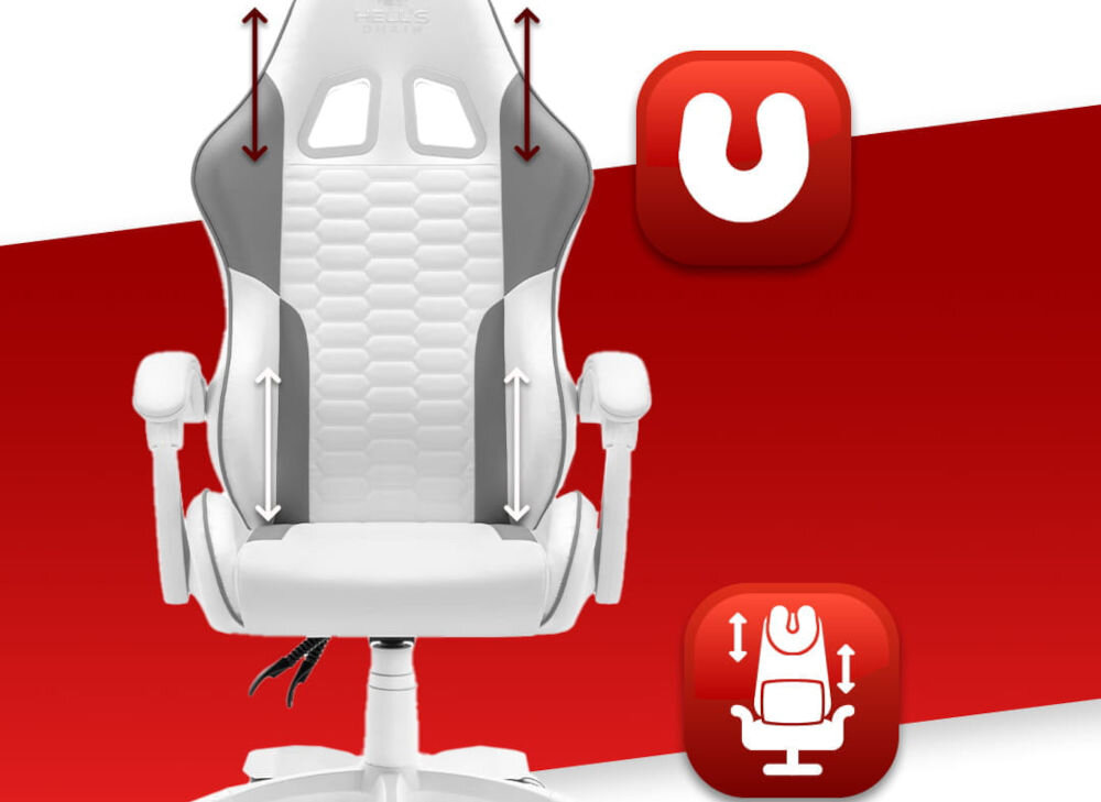 Fotel HELL'S CHAIR HC-1000 Ekoskóra Szaro-biały prezentacja fotela na czerwono-białym tle strzałkami zaznaczona możliwość regulacji poduszek ikony poduszka lędźwiowa poduszka wspierająca mięśnie karku odpowiednie podparcie dla ciała komfort suwak wymiana wypełnienia indywidualne potrzeby