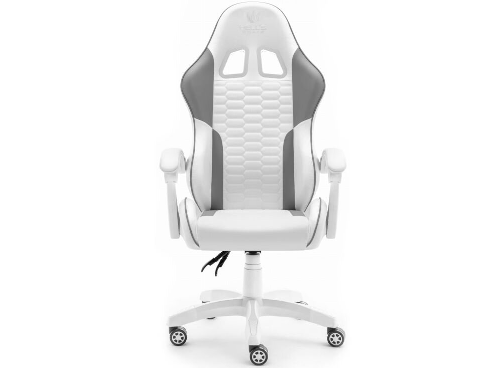 Fotel HELL'S CHAIR HC-1000 Ekoskóra Szaro-biały prezentacja fotela od przodu na białym tle wymiary stabilność