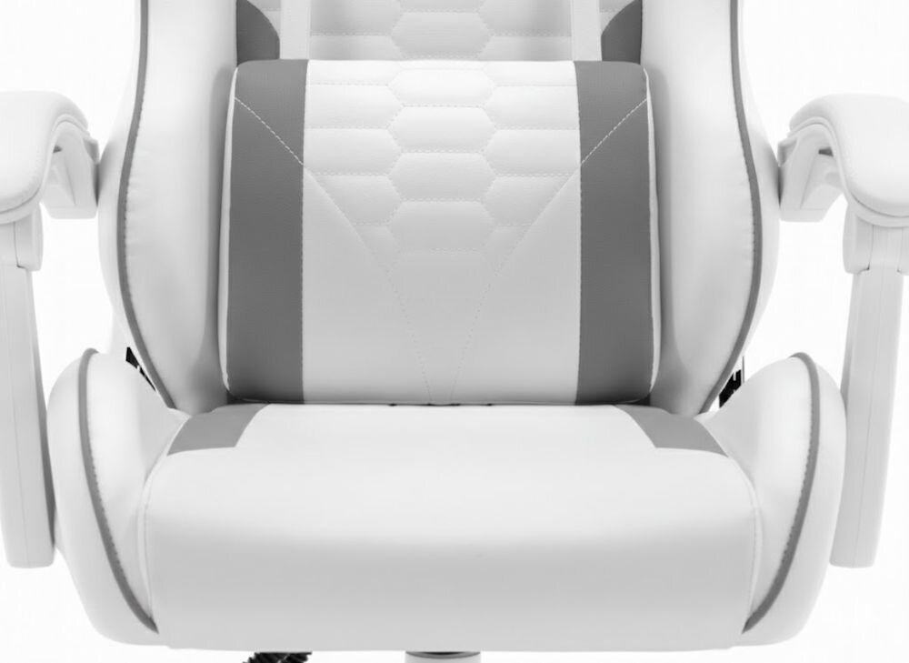 Fotel HELL'S CHAIR HC-1000 Ekoskóra Szaro-biały zbliżenie na siedzisko i poduszkę fotela jasne tło dbałość o elementy trwała i praktyczna ekoskóra profilowana poduszka pod lędźwie tapicerowane podłokietniki