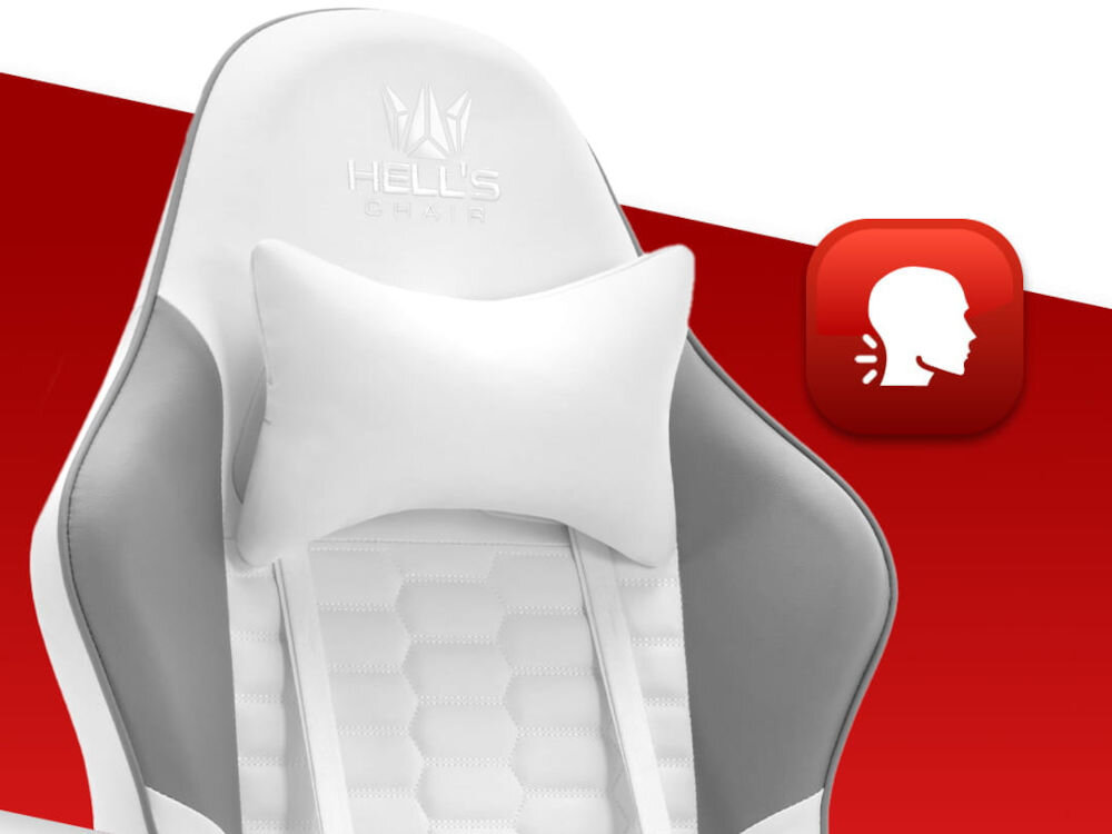 Fotel HELL'S CHAIR HC-1000 Ekoskóra Szaro-biały zbliżenie na oparcie i poduszkę na czerwono-białym tle ikona wyprofilowana poduszka wsparcie głowy i mięśni karku komfort suwak indywidualny poziom miękkości