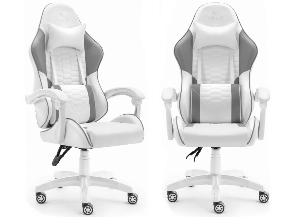 Fotel HELL'S CHAIR HC-1000 Ekoskóra Szaro-biały prezentacja fotela od przodu pod kątem i boku na jasnym tle wyprofilowany kształt oparcia zapobieganie dolegliwościom bólowym kręgosłupa utrzymanie prawidłowej postawy komfort