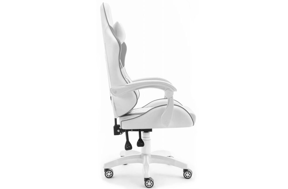 Fotel HELL'S CHAIR HC-1000 Ekoskóra Szaro-biały prezentacja fotela od boku na jasnym tle płynnie regulowana wysokość siedziska prawidłowa cyrkulacja krwi redukcja uczucia zmęczenia nóg podnośnik gazowy certyfikat SGS