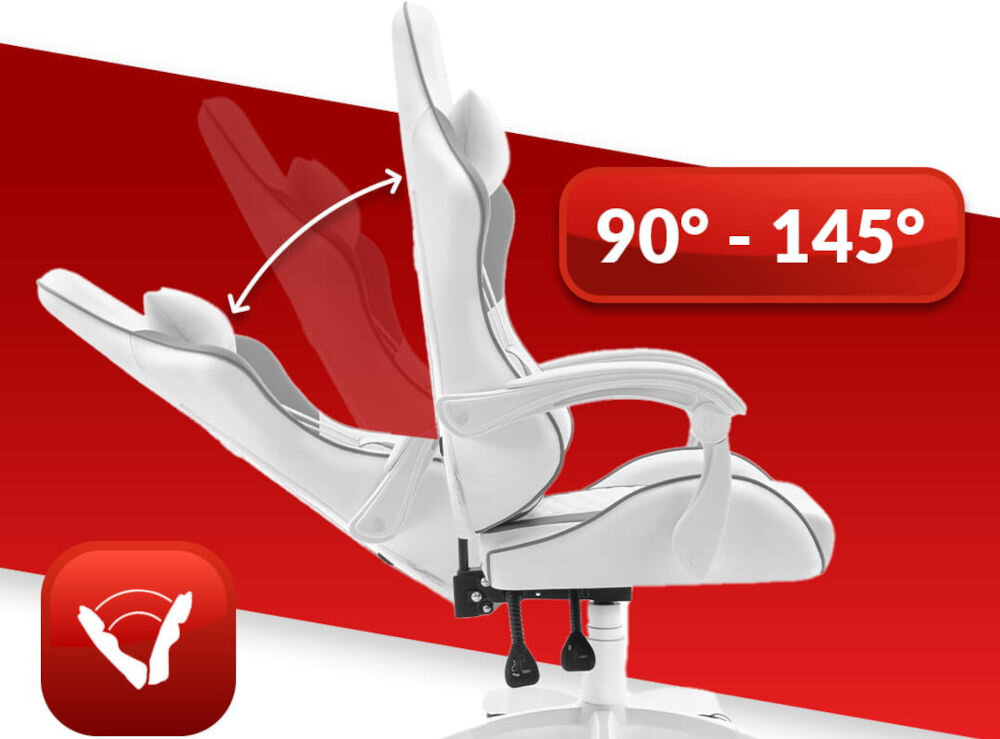 Fotel HELL'S CHAIR HC-1000 Ekoskóra Szaro-biały prezentacja fotela od boku i jego możliwej regulacji na czerwono-białym tle płynna regulacja kąta pochylenia oparcia zakres wygodna dźwignia optymalna pozycja dla komfortu