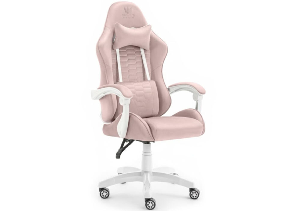 Fotel HELL'S CHAIR HC-1000 Różowo-biały prezentacja fotela od przodu pod kątem na jasnym tle dopracowany design komfort elegancka forma