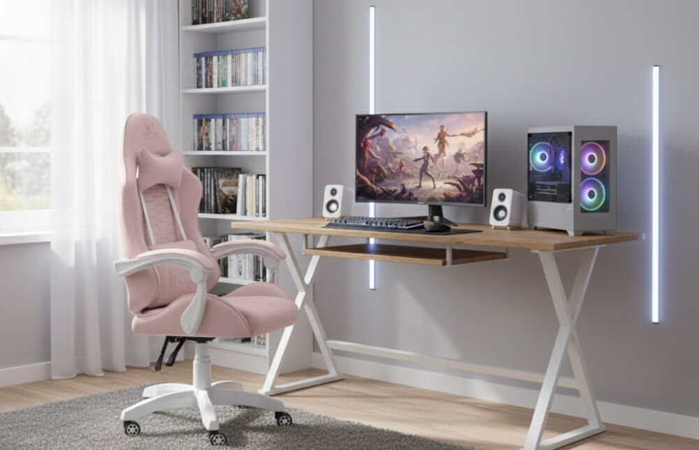 Fotel HELL'S CHAIR HC-1000 Różowo-biały prezentacja fotela w pokoju przy biurku do 120 kg bezpieczne stabilne użytkowanie trwałość wygoda