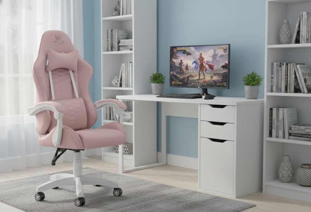 Fotel HELL'S CHAIR HC-1000 Różowo-biały prezentacja fotela przed biurkiem w pokoju wzrost optymalne dopasowanie podparcie ciała komfort
