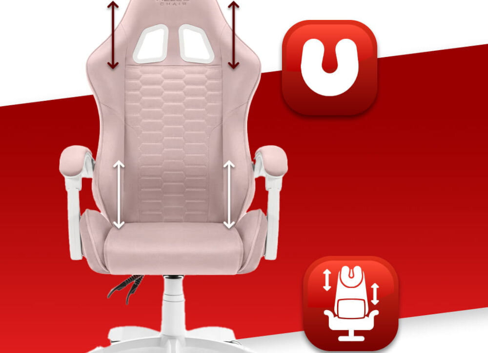 Fotel HELL'S CHAIR HC-1000 Różowo-biały prezentacja fotela na czerwono-białym tle strzałkami zaznaczona możliwość regulacji poduszek ikony poduszka lędźwiowa poduszka wspierająca mięśnie karku odpowiednie podparcie dla ciała komfort suwak wymiana wypełnienia indywidualne potrzeby