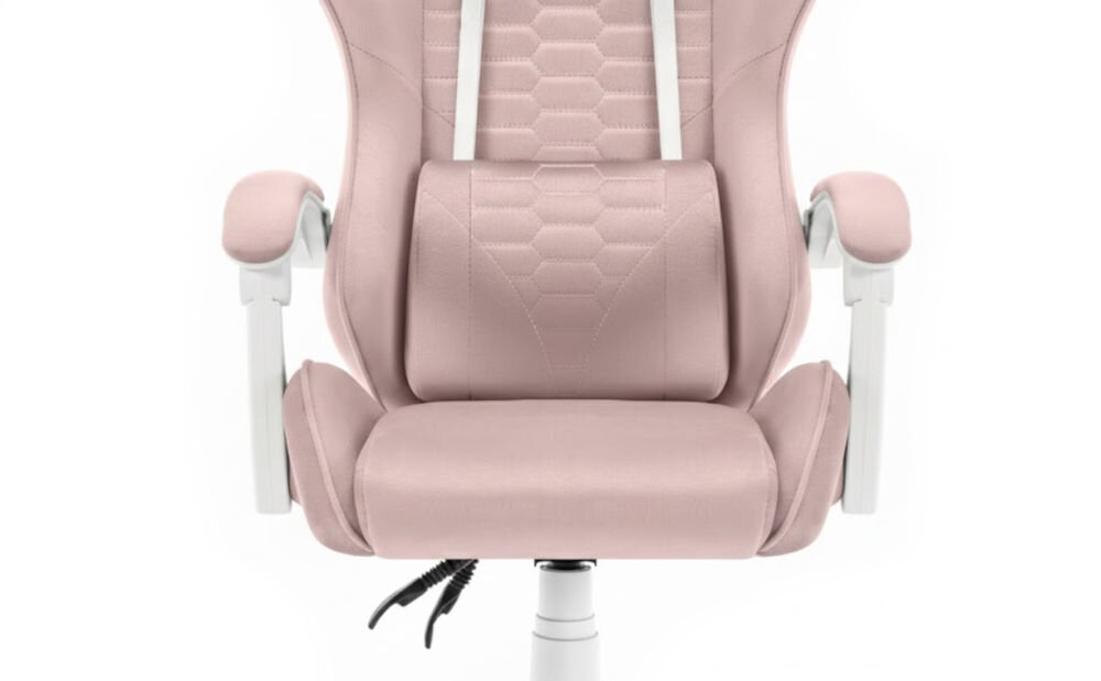 Fotel HELL'S CHAIR HC-1000 Różowo-biały zbliżenie na siedzisko i poduszkę fotela jasne tło dbałość o elementy trwały i praktyczny welur profilowana poduszka pod lędźwie tapicerowane podłokietniki