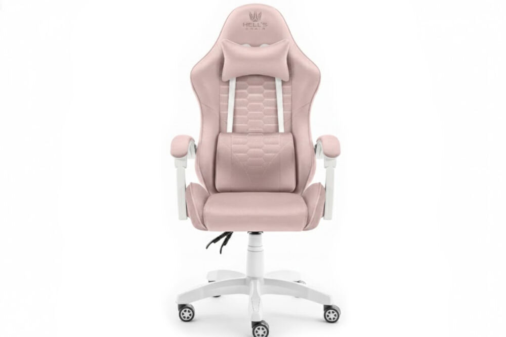 Fotel HELL'S CHAIR HC-1000 Różowo-biały prezentacja fotela od przodu na jasnym tle solidna konstrukcja wypełnienie z termo-elastycznej pianki Free Air zimnej pianki CF sprzyja utrzymaniu prawidłowej postawy