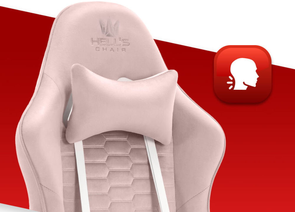 Fotel HELL'S CHAIR HC-1000 Różowo-biały zbliżenie na oparcie i poduszkę na czerwono-białym tle ikona wyprofilowana poduszka wsparcie głowy i mięśni karku komfort suwak indywidualny poziom miękkości